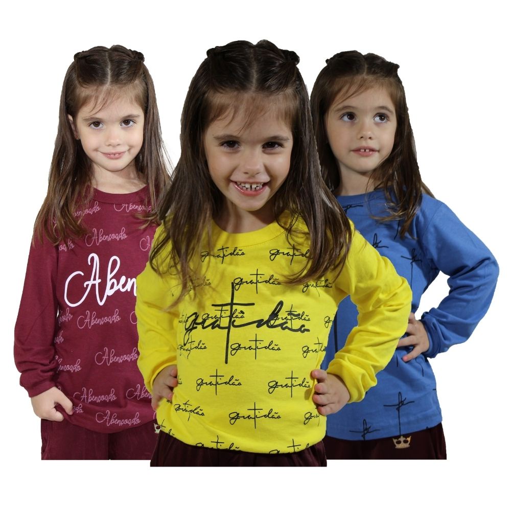 Kit 5 Camisetas Juvenil Infantis Meninas Manga Longa Inverno Catolica Gospel Revenda