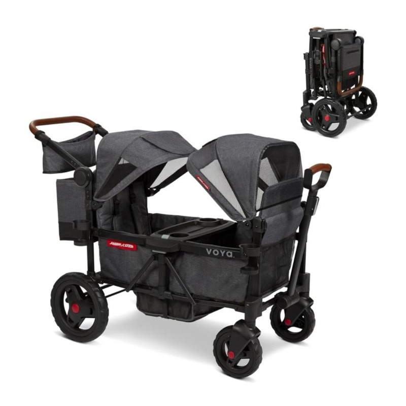 CARRINHO DE PASSEIO VAGÃO DUPLO COM 2 ASSENTOS ALTOS E DOSSEL UV AJUSTÁVEL, RADIO FLYER VOYA, CINZA