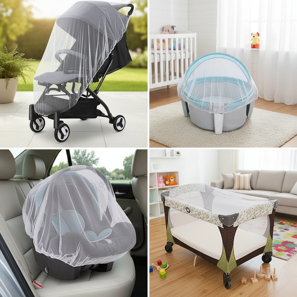 Mosquiteiro portátil 360° completo para carrinho de bebê, rede anti-mosquito universal encriptada, acessório de
