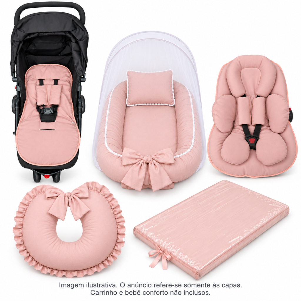 Kit 7 peças: Ninho Redutor, Almofada de Amamentar, Trocador, Capa Bebê Conforto, Apoio, Capa de Carrinho e Mosquiteiro