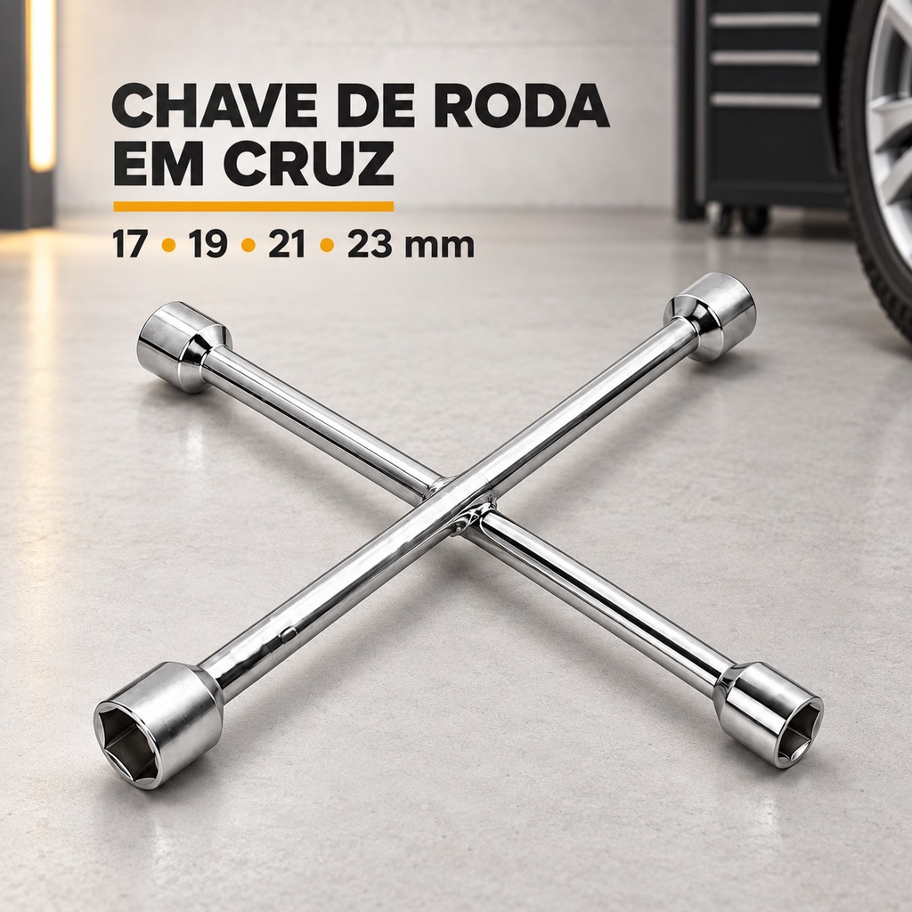 Chave de Roda em Cruz 4 Bocas 17, 19, 21 e 23 mm em Aço para Carros, SUVs e Picapes