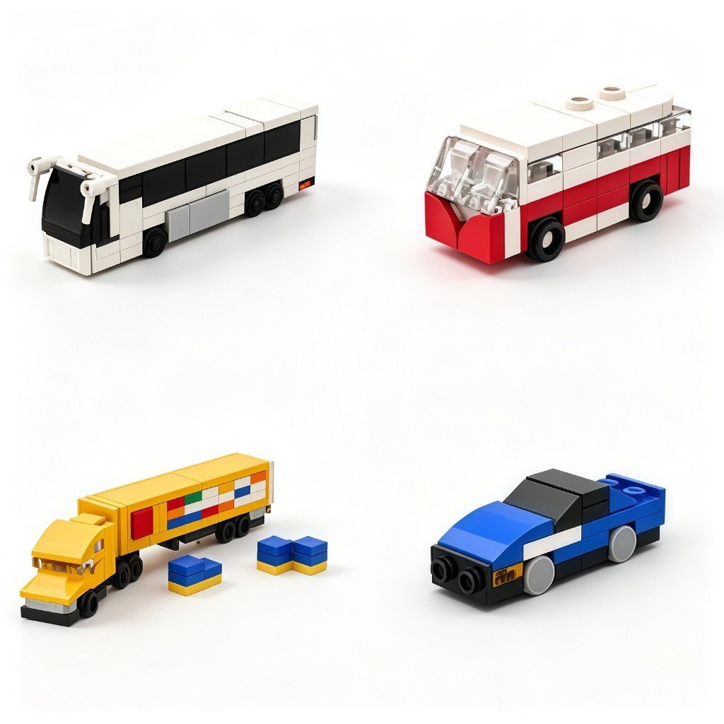 Kit de blocos de mini veículos urbanos: ônibus, caminhão, picape e carro esportivo, modelo educativo montável para crian