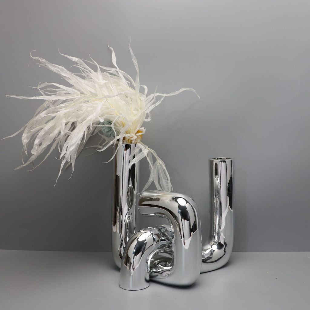 6CNT Nordic Creative Electroplated silver Flower Vase Resin Decorative Ornament for Model Room TV Cabinet Home Desktop L