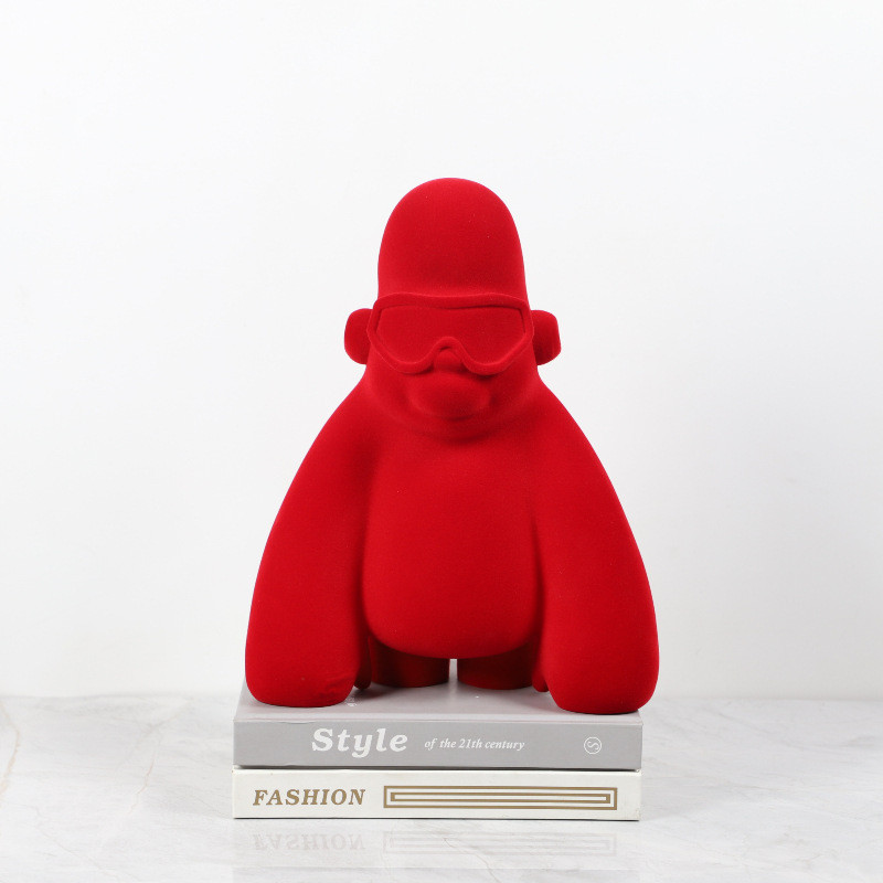 ACHP Nordic Creative Cartoon Flocked Resin Gorilla Animal Sculpture Ornament for Entryway, Study, TV Cabinet, Home Decor