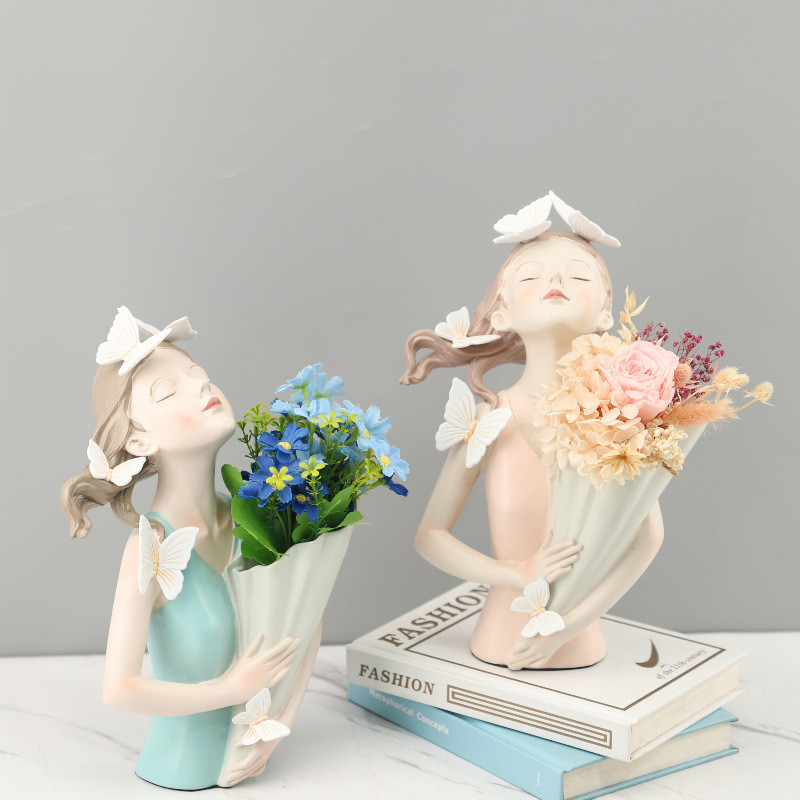 DAQI Nordic Creative Cartoon Butterfly Girl Holding Bouquet Vase Resin Ornament for Living Room, Bedroom, TV Cabinet, Ho