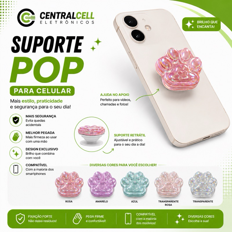 Suporte Para Colar no Celular patinhas 3D holográficas e Brilhante