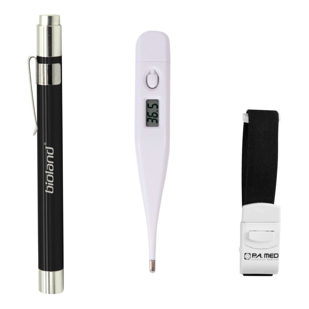 Kit de Bolso Lanterna Clínica Bioland Termômetro Axilar Digital Garrote De Elastano