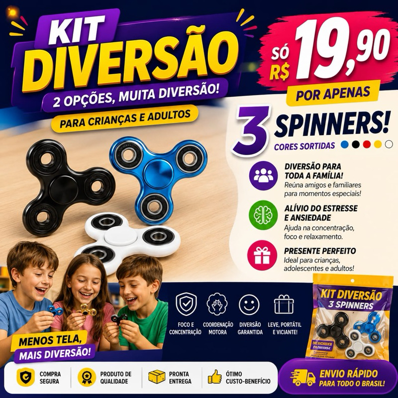 Spinners Antiestresse Brinquedo Giratório Kit 3 Hand Spinner