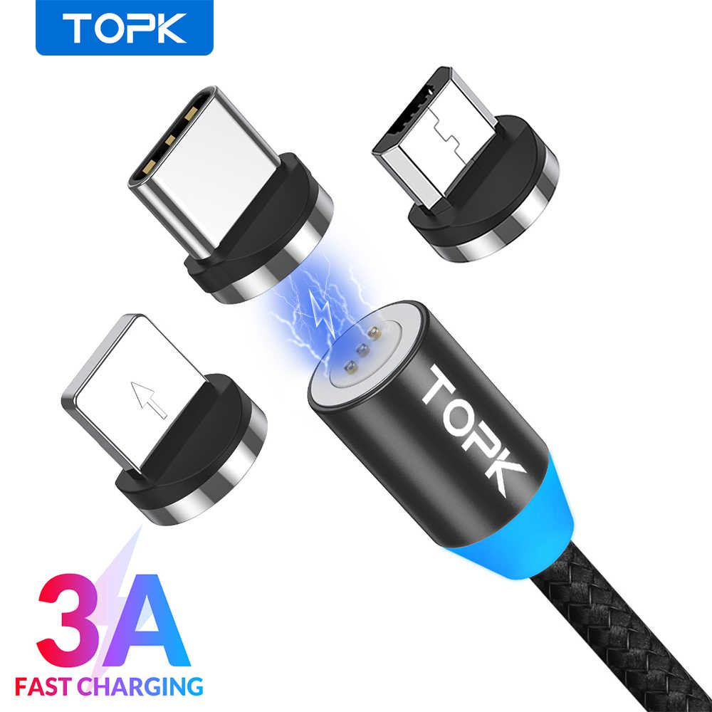 Cabo Magnético Turbo Topk 3ª Geração AM37 Quick Charge 3.0 18W C/ Plugs Micro USB Tipo-C e Lightning Resistente Revestido em Nylon