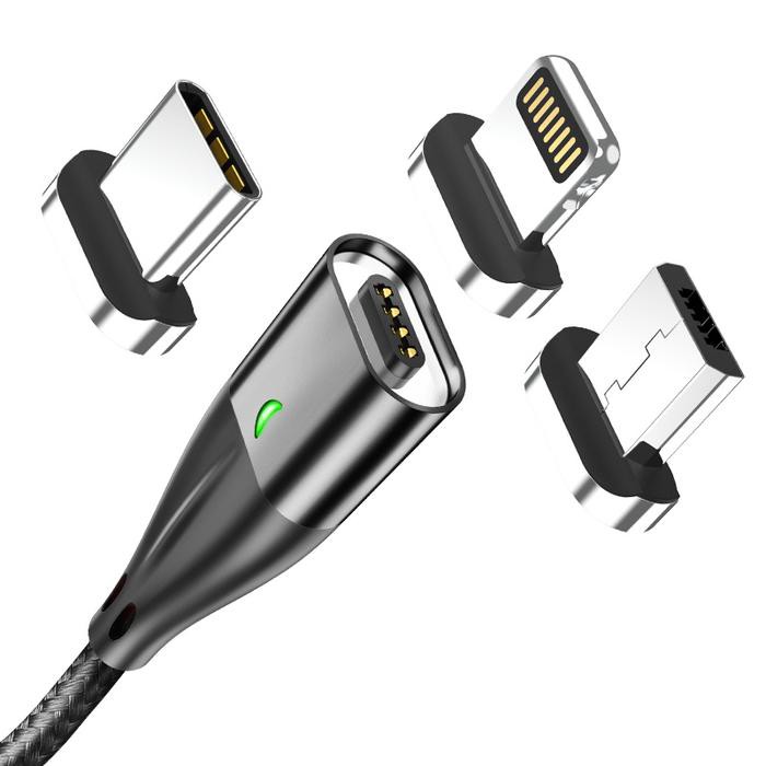 Kit Cabo Magnético 2 Em 1 Turbo TOPK AM61 1 ou 2 Metros Quick Charge 3.0 18W 3A C/  Os Plugs Micro USB e Lightning
