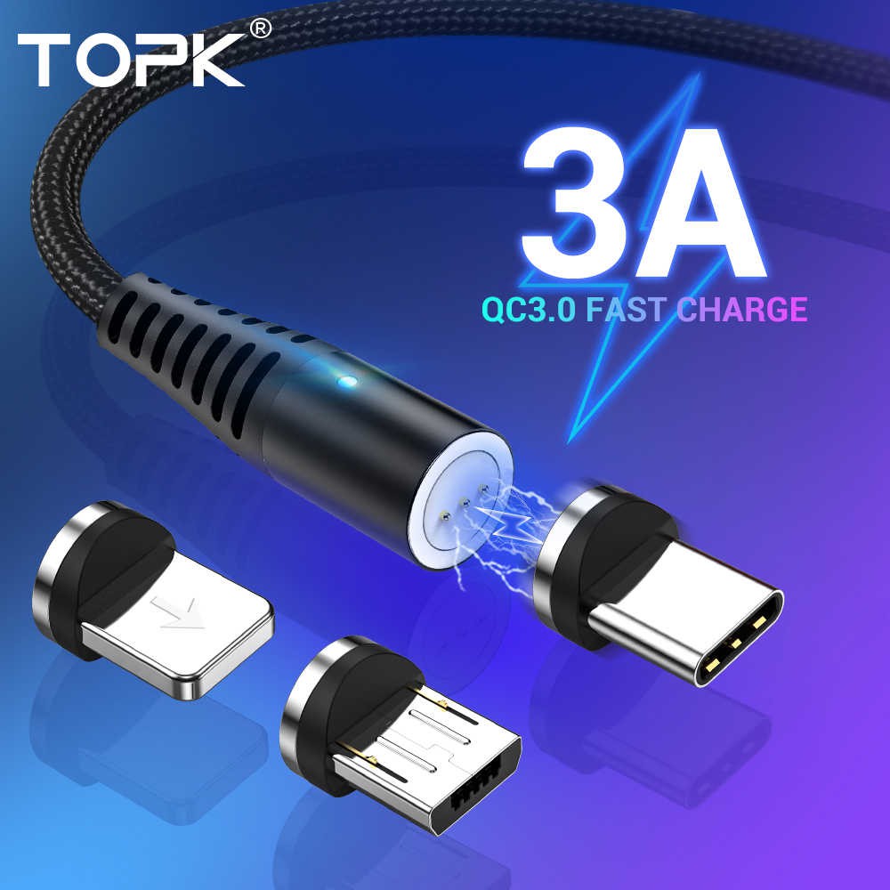 Kit Cabo Magnético Turbo 3 Em 1 Topk 3ª Geração AM60 Quick Charge 3.0 18W C/ Todos Os Plugs Micro USB Tipo-C e Lightning