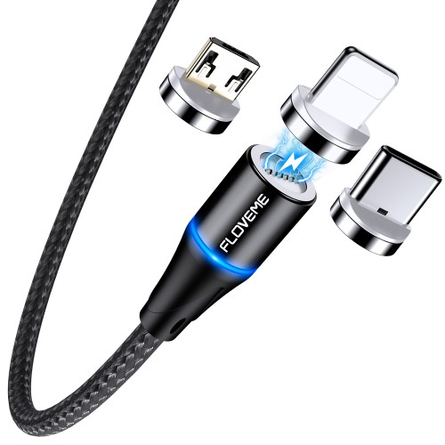 Cabo Magnético Redondo Turbo Floveme 2ª Geração Quick Charge 3.0 18W C/ Plugs Micro USB Tipo-C e Lightning Resistente Revestido em Nylon