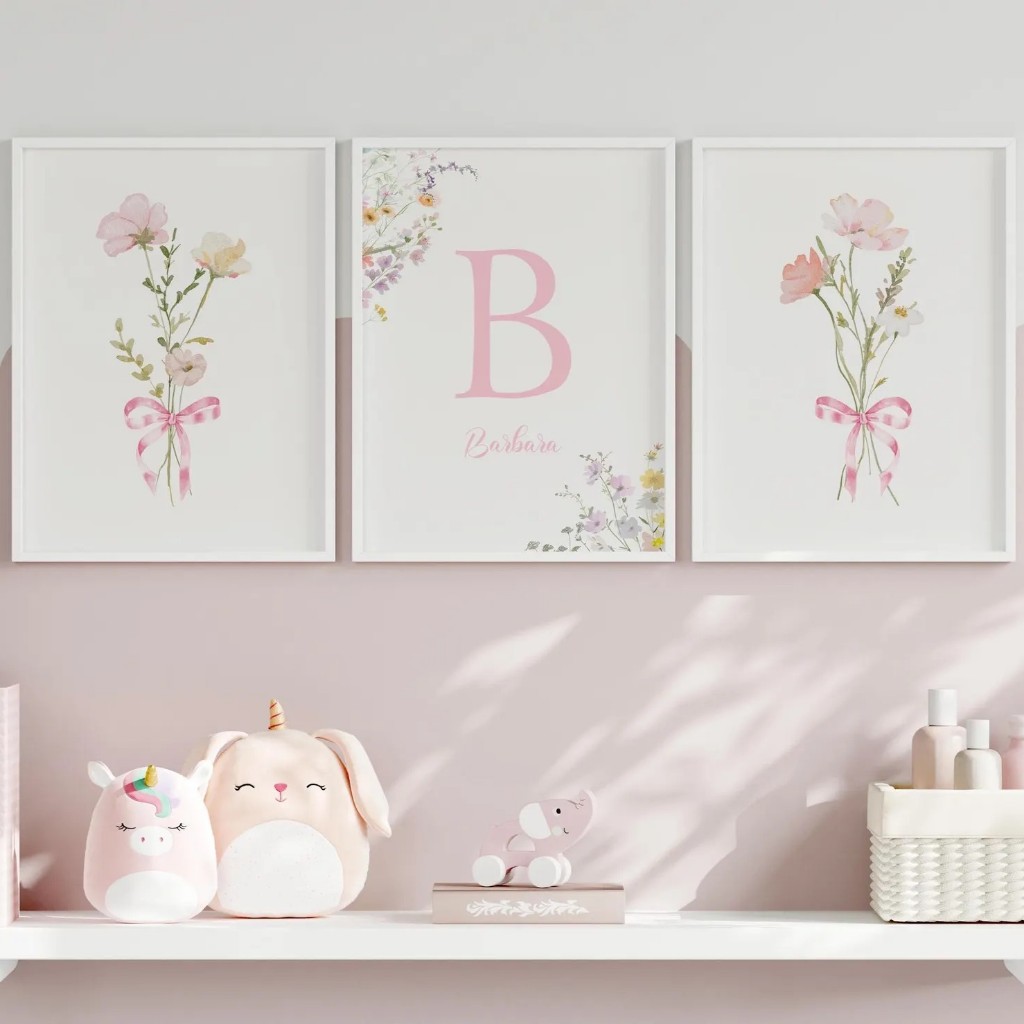 Kit 3 Quadros PERSONALIZADOS COM NOME - Envie no chat| Jardim, Flores | Quarto Bebê Menina – Ramos No2