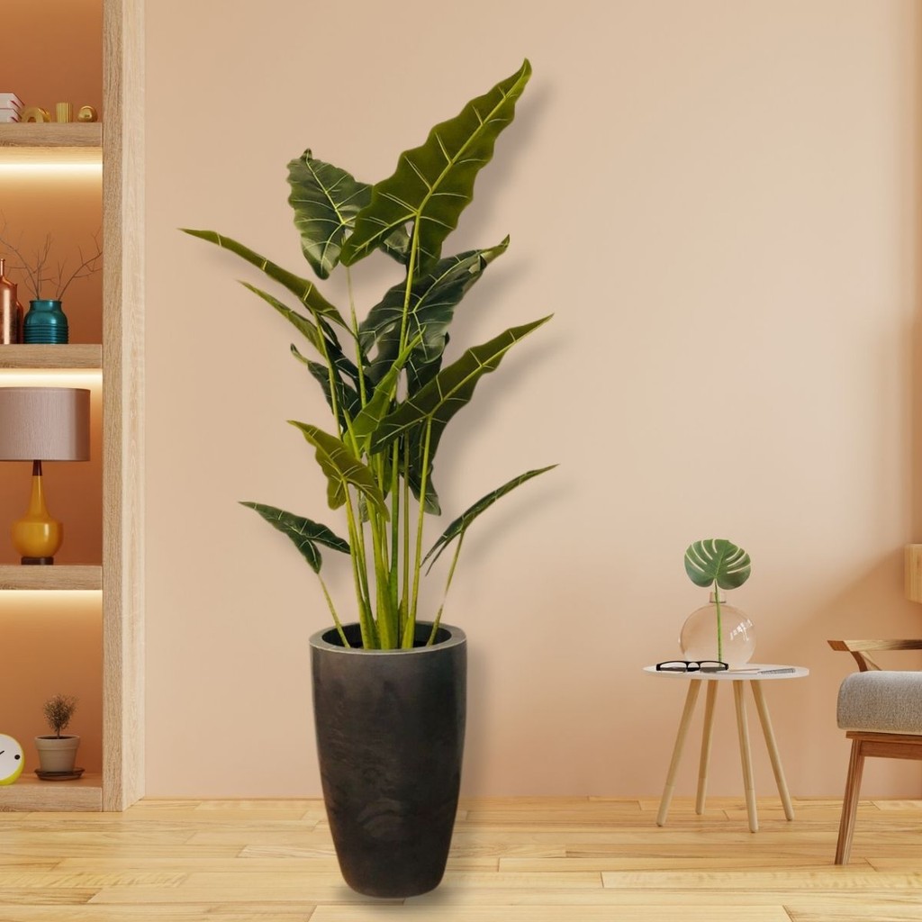 Planta Permanente Ramos Folhagem Artificial Alocasia 1,6m com Vaso