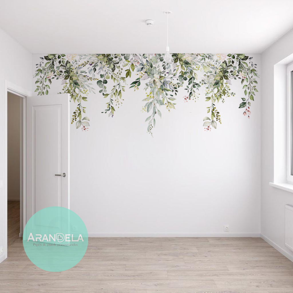 Papel de Parede Folhas Galhos e Ramos Jardim Encantado Suspenso Para Decorar Quarto Infantil de Bebê e Menina m²