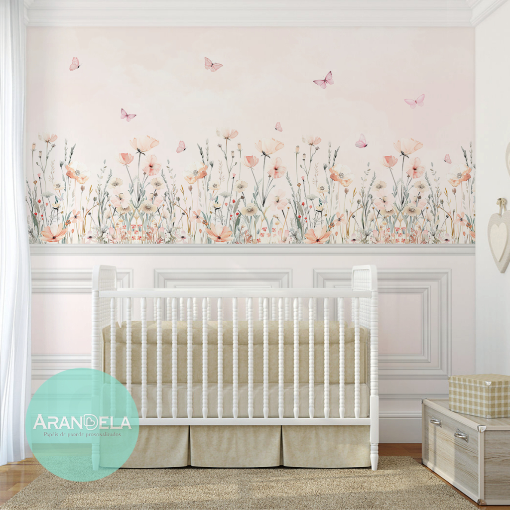 Papel de Parede Flores Borboletas Folhas e Ramos Jardim Encantado Com Boiserie Impresso Para Decorar Quarto Infantil de Bebê e Menina m²
