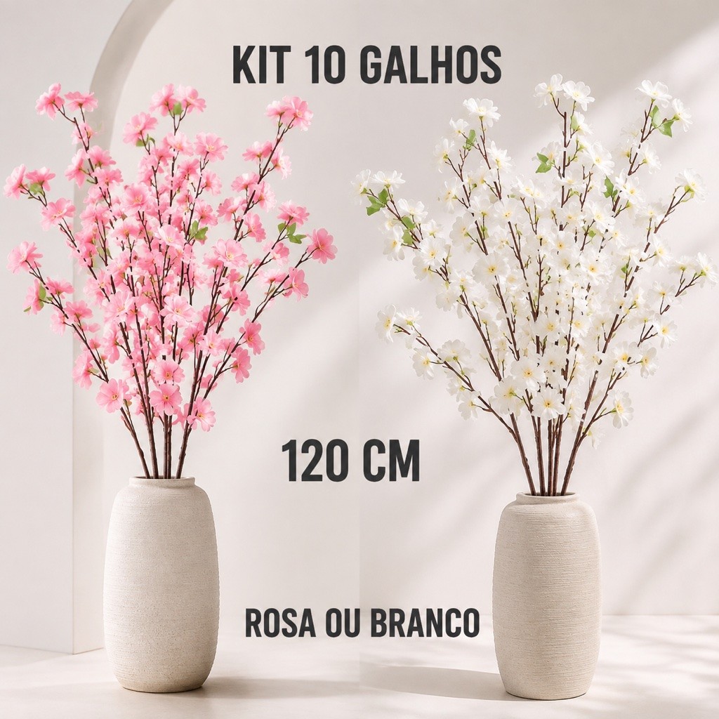 Kit 10 Galhos de Flor de Cerejeira Artificial 65 ou 120 cm Rosa Branca Arranjo Decoração Festa Decolab