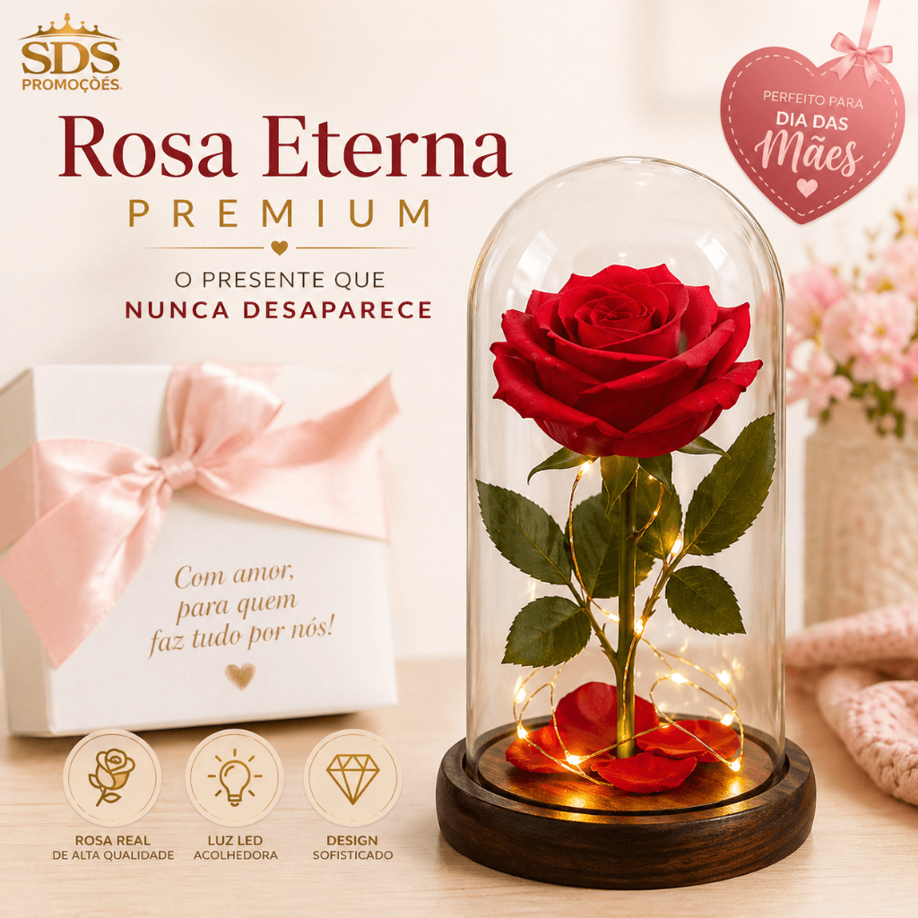 kit Rosa Eterna Premium Cúpula  Vidro LED Presente Dia das Mães Romântico Quarto Sala Rosa Vermelha