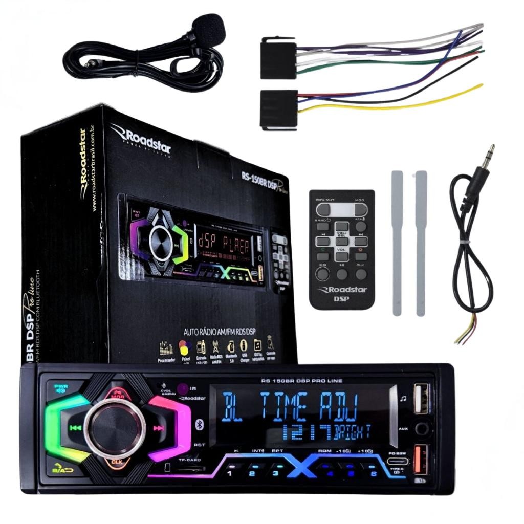 Som Automotivo Universal 12v 1 DIN MP3 LCD LED Equalizadores Rádio FM AM Roadstar RS-150BR DSP
