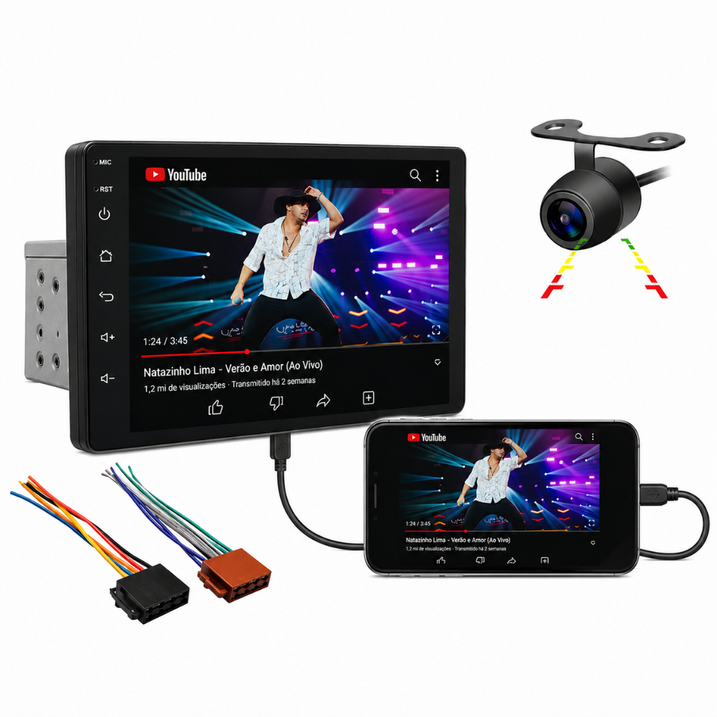 Central Multimídia Carplay Universal 1 Din Tela 9 Polegadas Touch Screen + Câmera de Ré