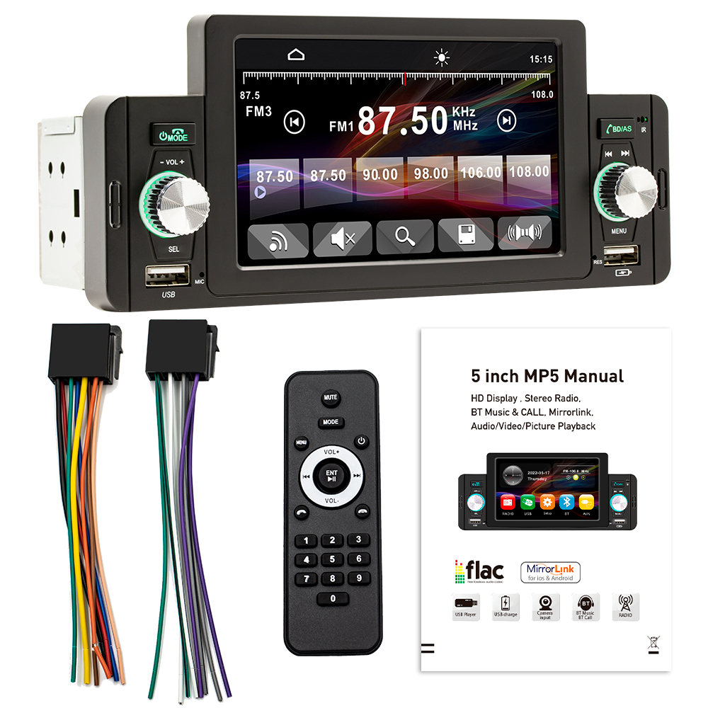ESSGOO Universal 1 Din Multimedia Center MP5 Com Bluetooth 5 Polegadas HD Touch Screen Mirror Linking