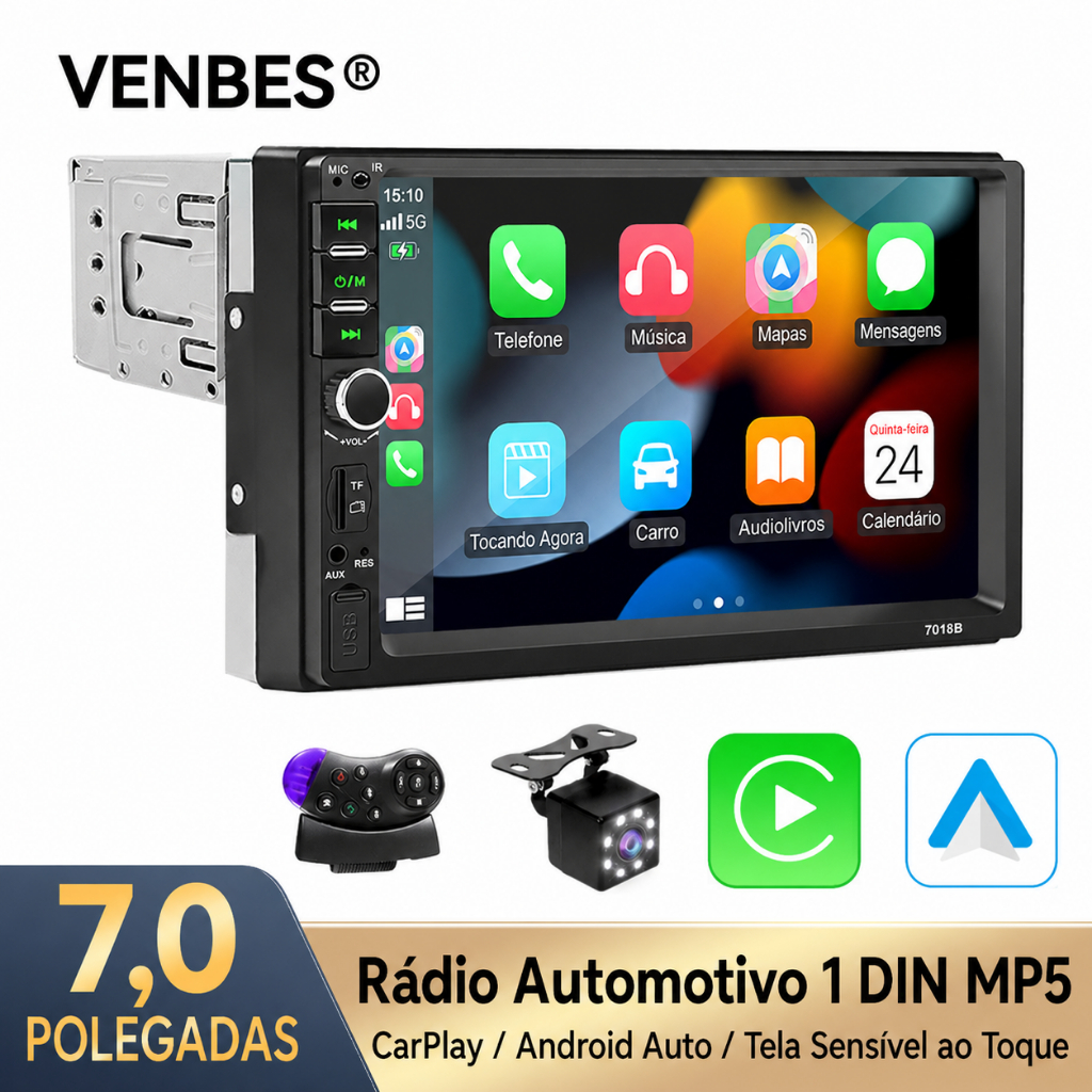 VENBES 7 Polegada Carro MP5 Player CarPlay Android Auto 1 Din Touchscreen Mirror Link USB/AUX/TF