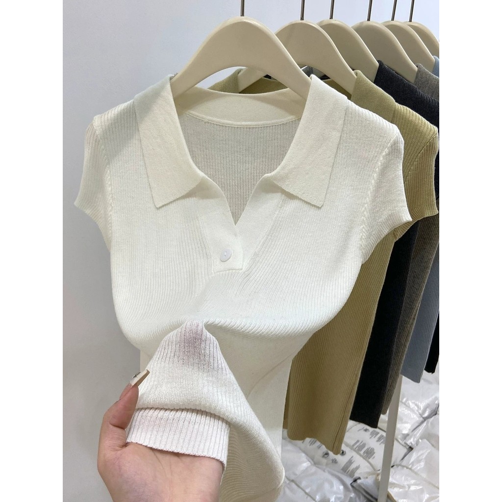 2026 verão novo estilo lapela de manga curta malhas femininas um botão magro-ajuste camisa polo respirável All-Match Bot