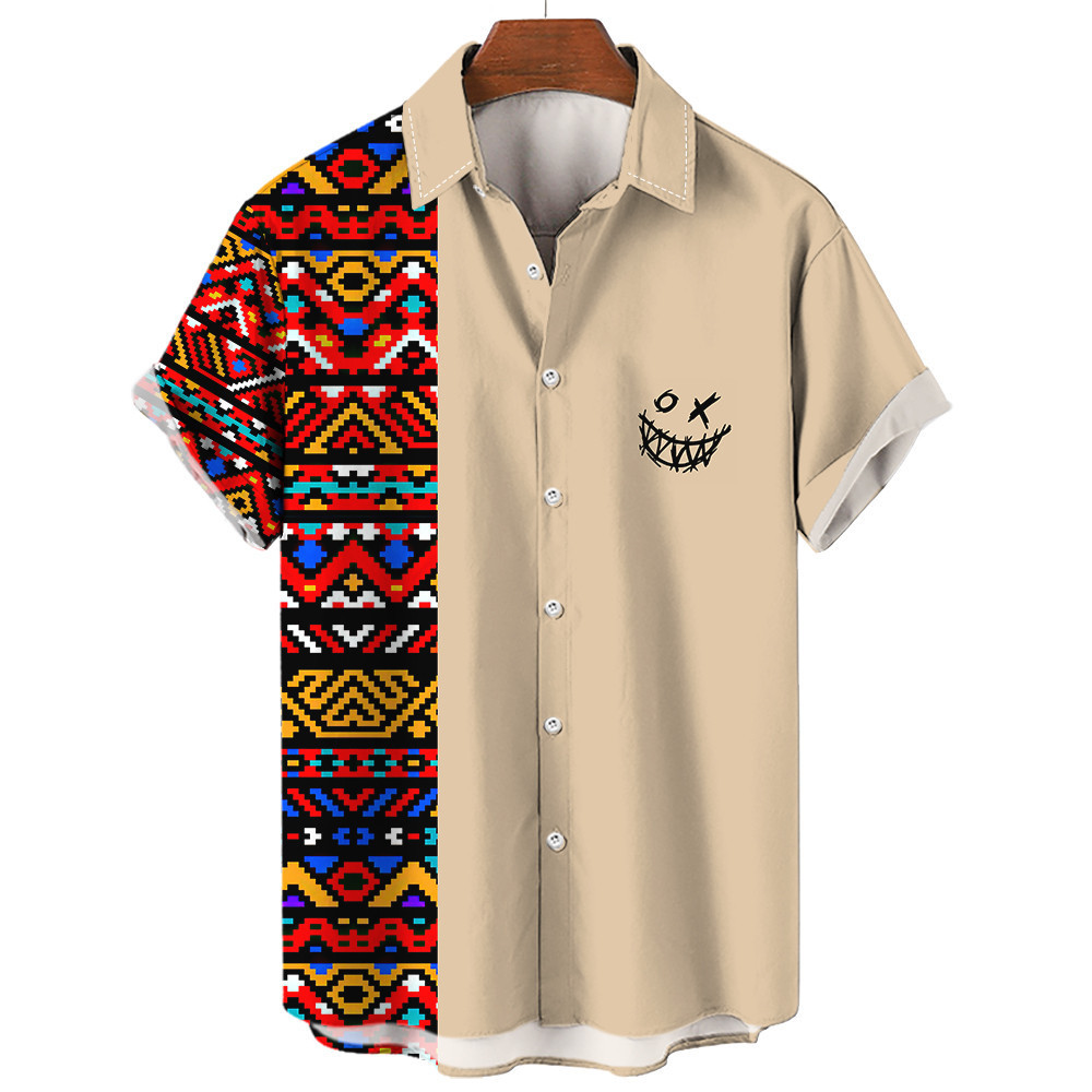 Camisa De Cowboy De Verão Para Homens Vintage Étnico Havaiano Impressão 3D Roupas Casuais Simples Manga Curta Lapela Bot