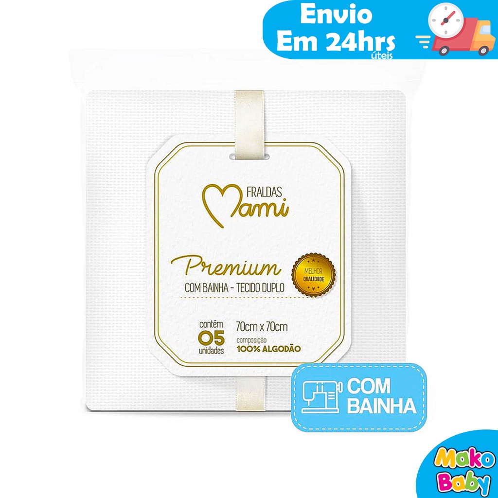 Fralda de Pano Premium Mami Com Bainha 5 unidades Extra Macia Tecido Duplo 70cm x 70cm