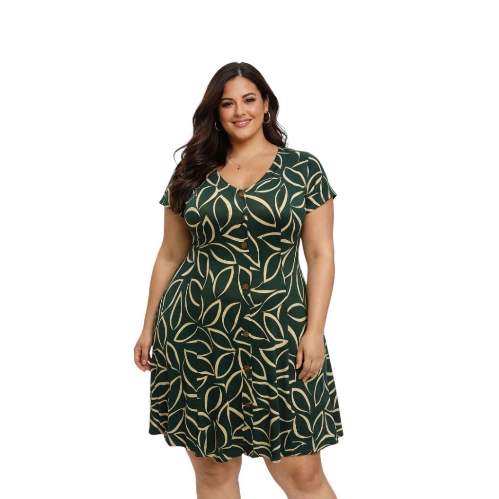 Vestido Midi Plus Size Folhagem Verde com Botões Frontais Tecido Leve Fresco Confortável Extra Bom