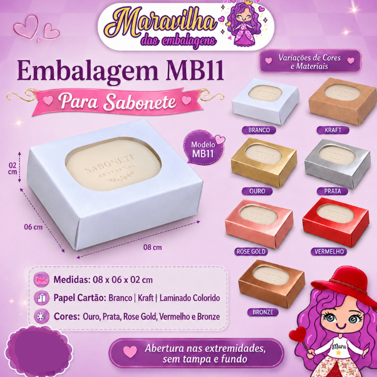Embalagem MB11 em papel Kraft e Laminado Colorido e com visor em PVC - 08x06x02cm - Pacote com 30 unidades