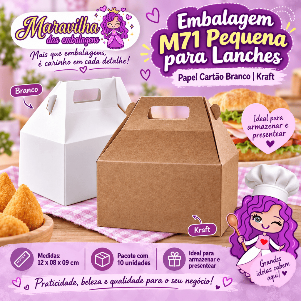 Embalagem para Lanches M71 Pequena em papel Branco | Kraft - 12x08x09 - Pacote com20 unidades.