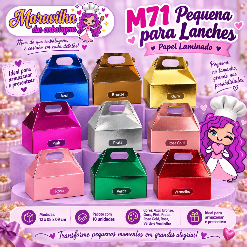 Embalagem para Lanches M71 Pequena em papel Laminado Colorido- 12x08x09cm - Pacote com 20 unidades
