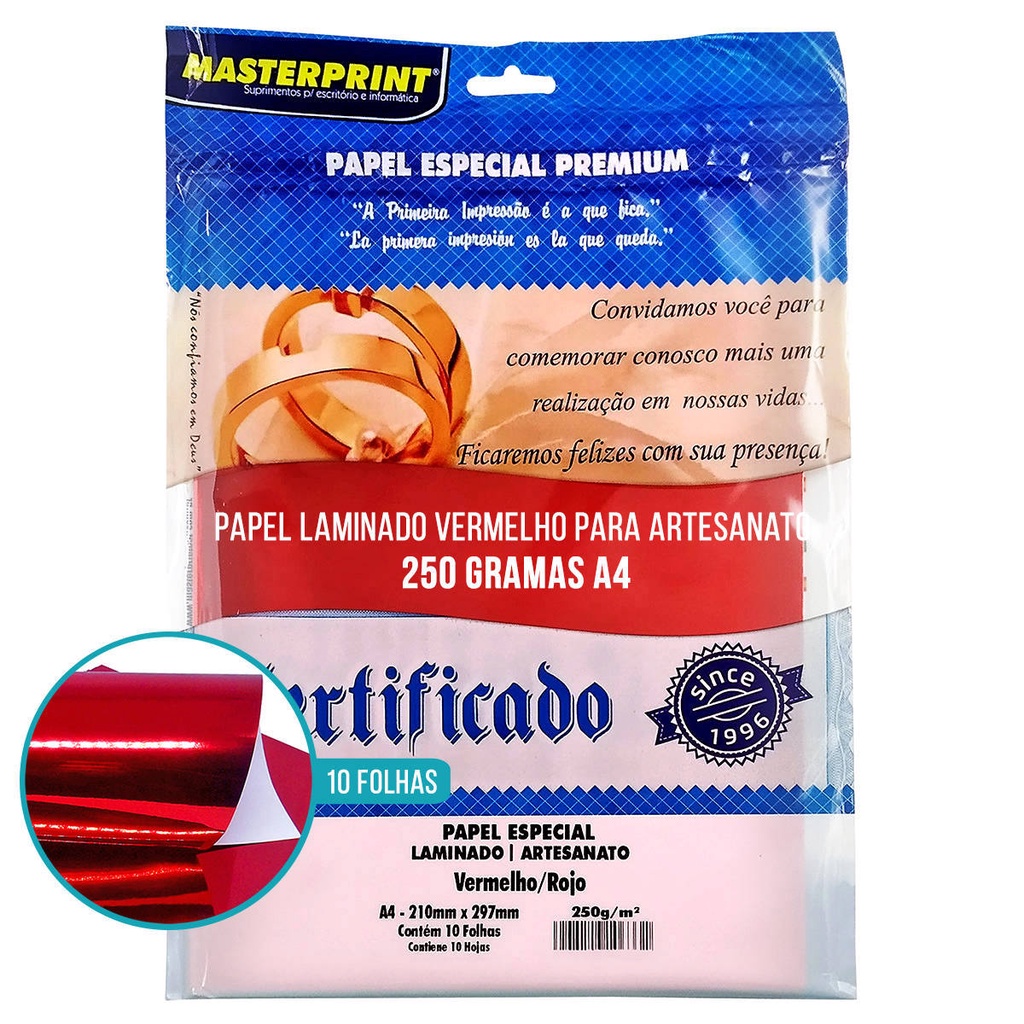 Papel Laminado Vermelho A4 250g para Artesanato Decorações Enfeites Lembrancinhas Pacote com 10 Folhas Masterprint
