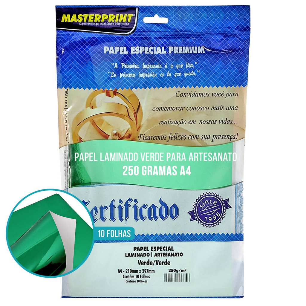 Papel Laminado Verde A4 250g para Artesanato Decorações Enfeites Lembrancinhas Pacote com 10 Folhas Masterprint