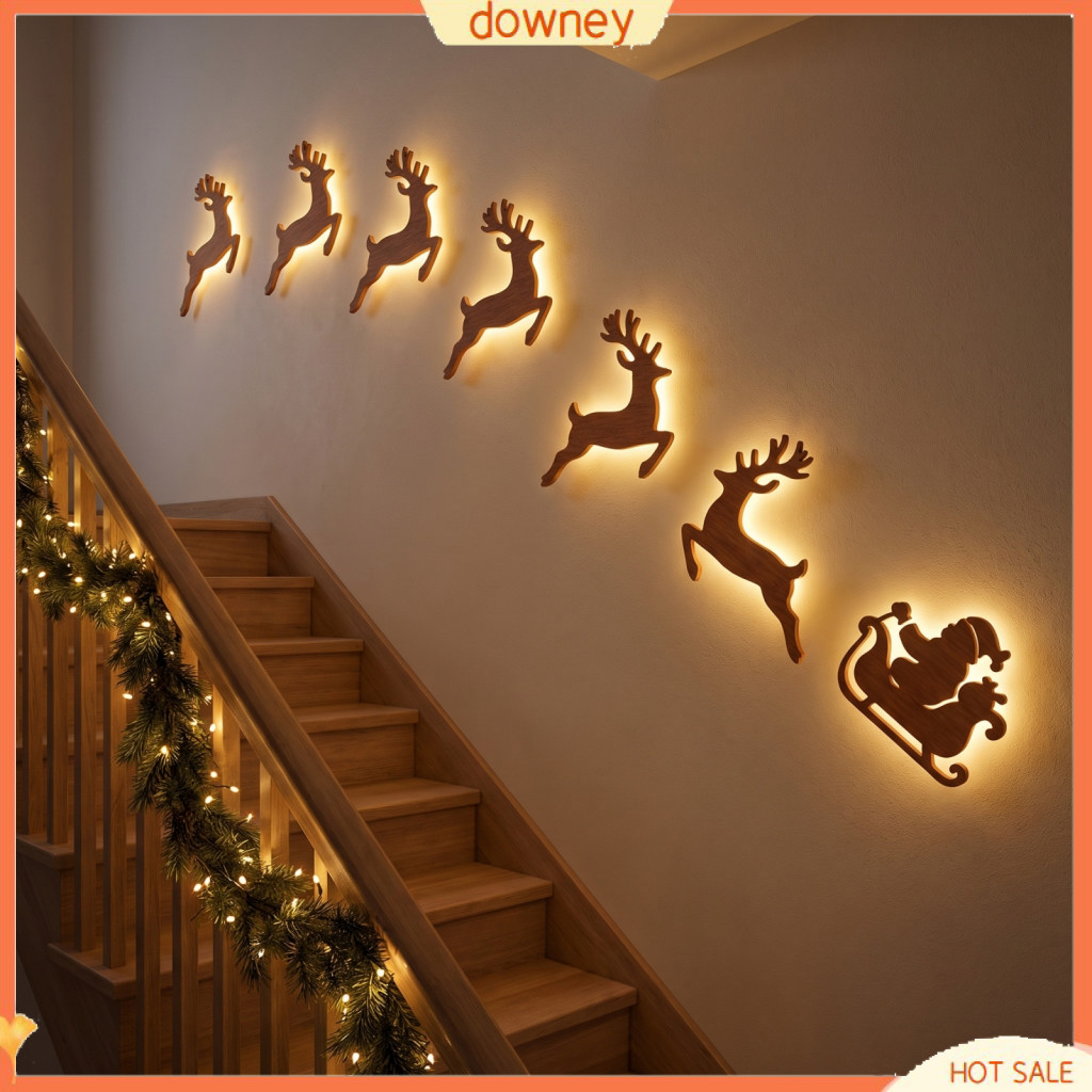 Led Reindeer Wall Decoration 3d Wooden Christmas Light-up Silhouette Warm Glow Backlit Peel Stick Indoor Holiday Decor f