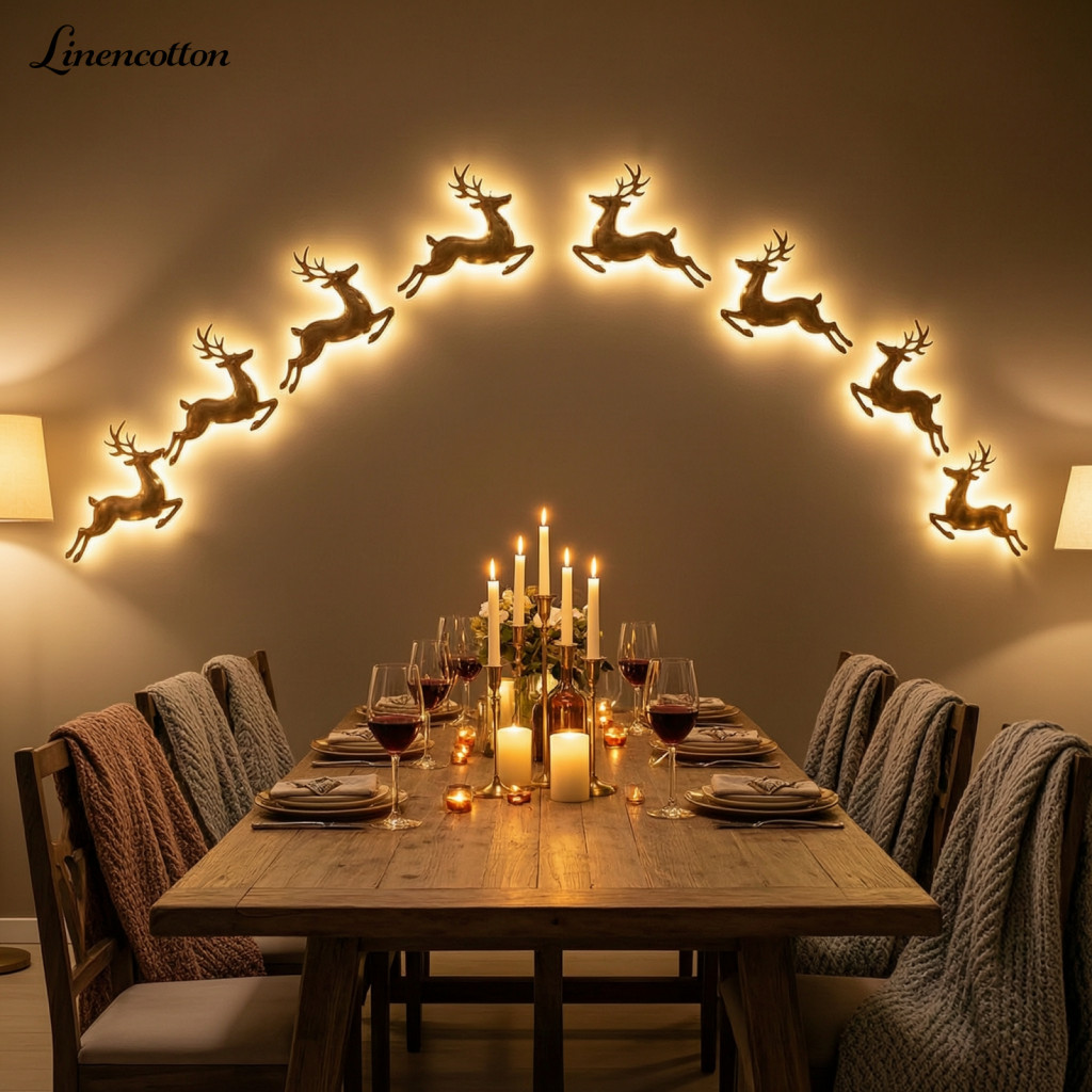 Battery Operated Wall Lamp Christmas Decor 12 Pcs Led Reindeer Lights 3d Wooden Glow Silhouette Stick-on Art for Room En