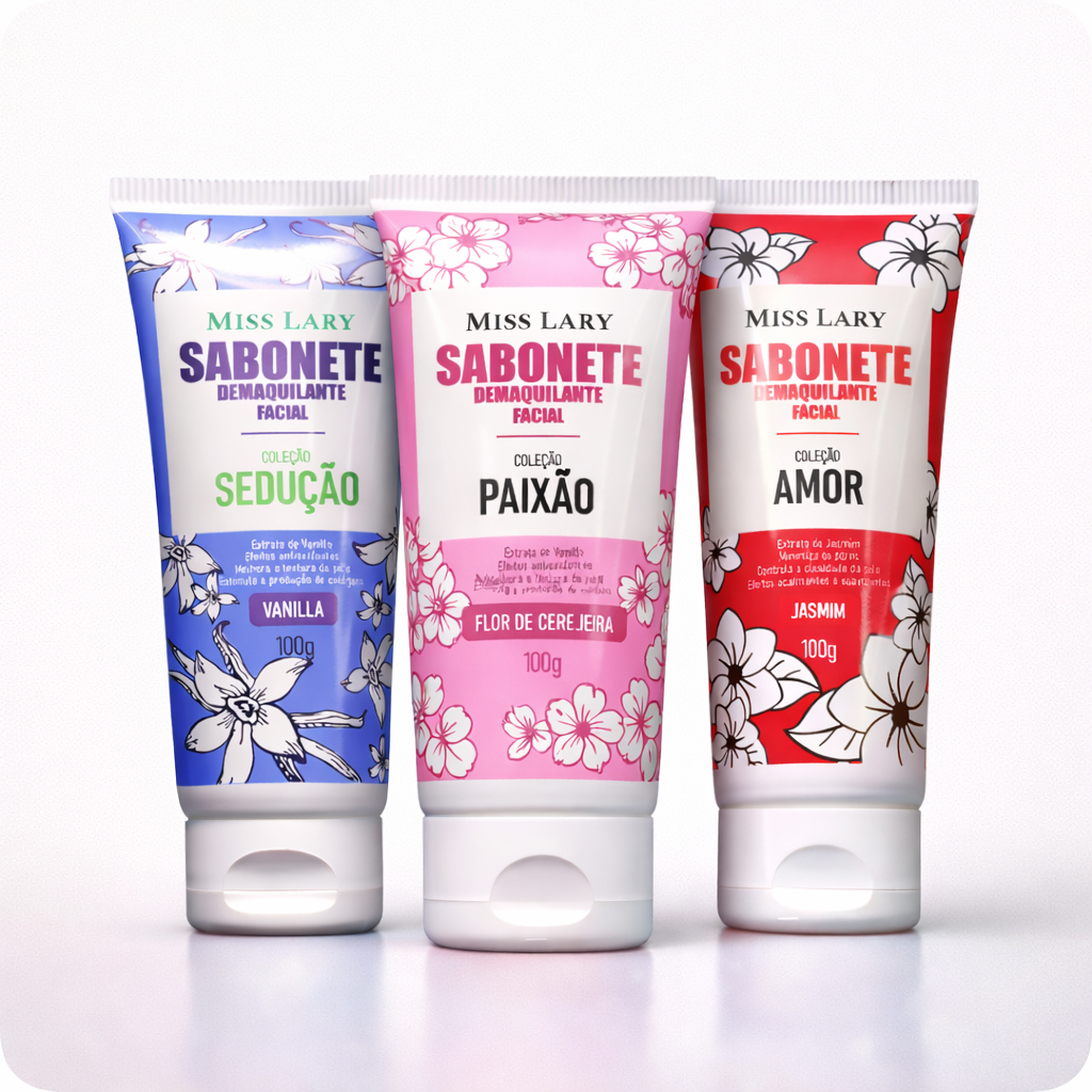 SABONETE DEMAQUILANTE FACIAL MISS LARY Vanilla, Flor de Cerejeira, Jasmim Limpeza Hidratação