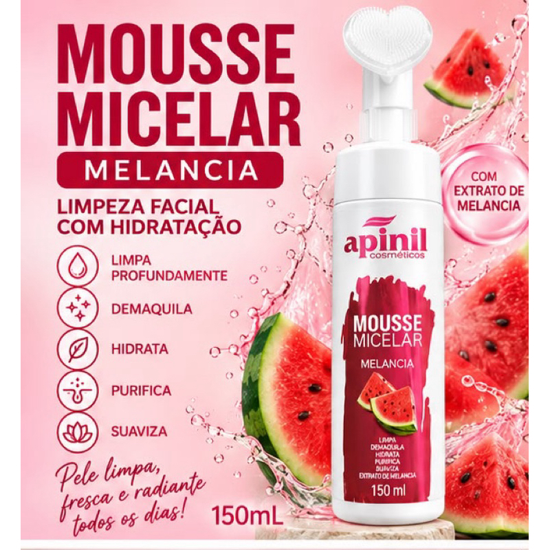 Mousse Micelar Limpeza Facial Melancia 150ml com Escova de Silicone Hidratante Demaquilante Apinil