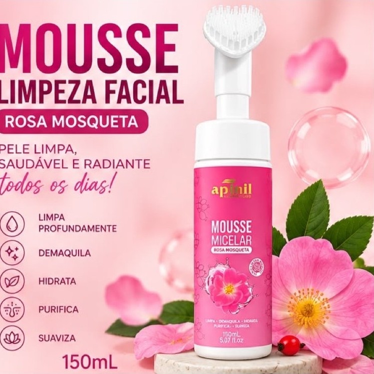 Mousse Micelar Limpeza Facial Rosa Mosqueta 150ml com Escova de Silicone Hidratante Demaquilante Apinil