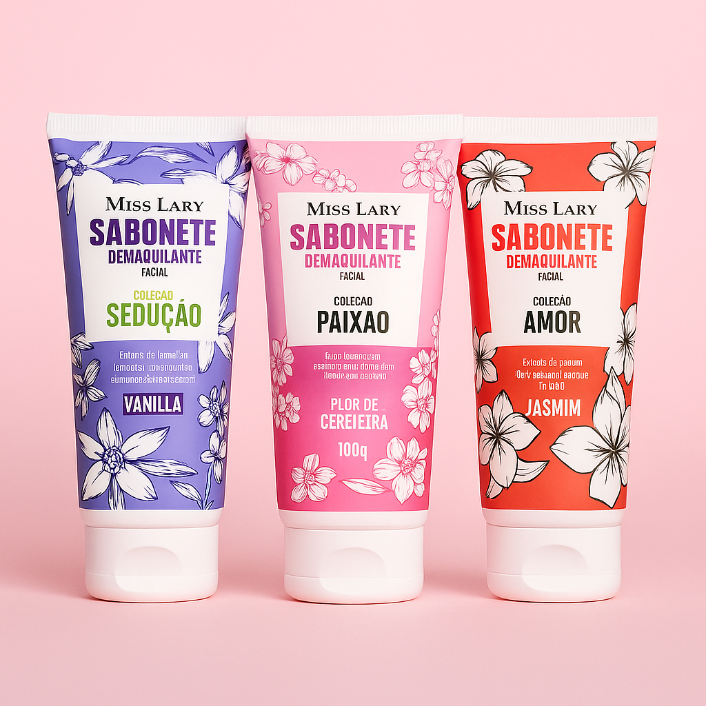 Sabonete Demaquilante Facial MissLary Vanilla, Flor de Cerejeira, Jasmim Limpeza Profunda Hidratação