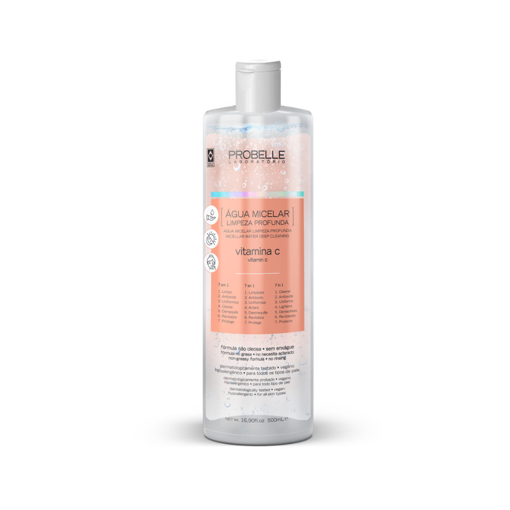 Água Micelar Probelle 500ml  Limpeza + Hidratação + Demaquilante | Rosa Mosqueta, Vitamina C, Ácido Hialurônico