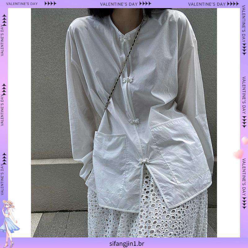 Elegante Estilo Chinês Fivela Senhoras csa Primavera Branca Novo Melhorado Solto Topo co ver Redução De Carne
