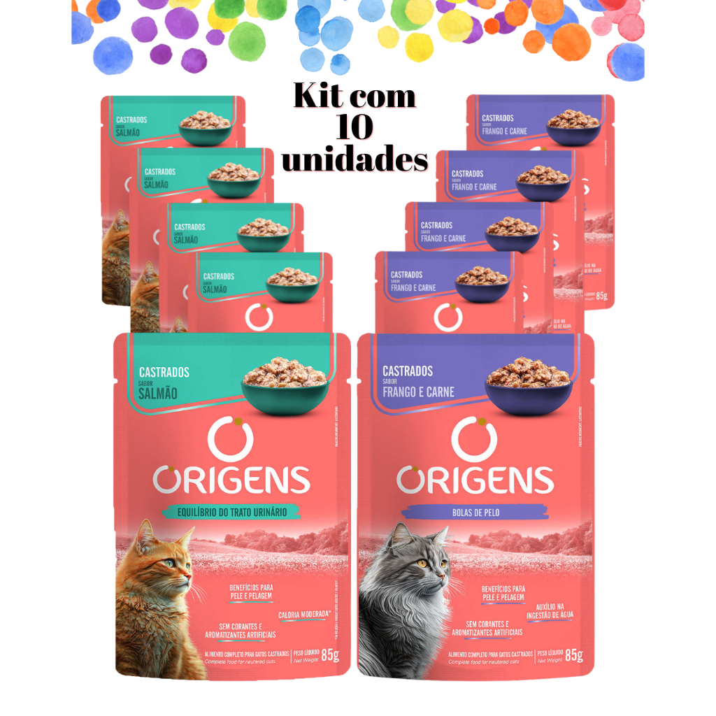 KIT 10 UNI - Sachê para Gatos ORIGENS (sabores carne ao molho, salmão ou frango e carne) - Ração úmida (VER VARIAÇÕES)