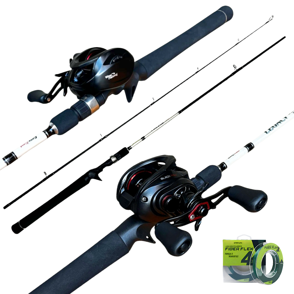 KIT DE PESCA ESPORTIVA PROFISSIONAL CARRETILHA BLACK FISH 6000 C/ VARA LEGACY 1.76M 17LB EM CARBONO - 2 PARTES TUCUNARE