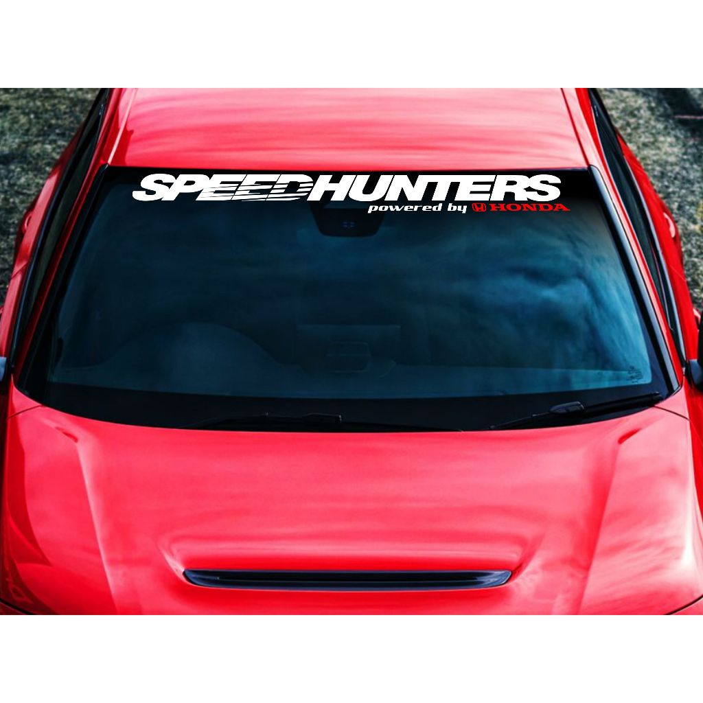 Adesivo Para-brisas Carro Tuning Speedhunters powered by Honda Branco com vermelho