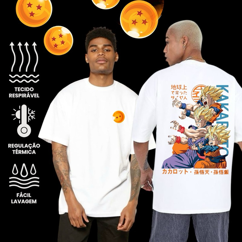 Camiseta Anime Masculina Blusa Oversized Algodão Streetwear Esfera Dragão Sayajin Guerreiro Desenho