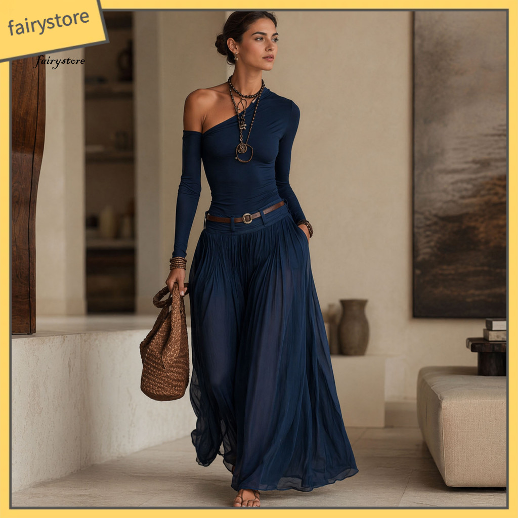Soft Breathable Fabric Dress Women Outfit Women’s 2-piece Skirt Set – One Shoulder Long Sleeve Top Maxi Chiffon with