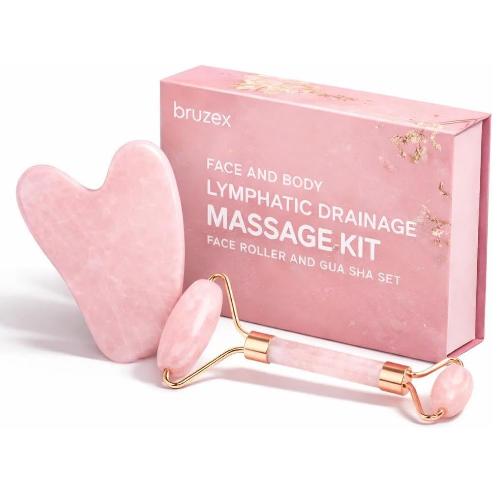 Bruizex Lymphatic Drainage Face Massager Set: Rose Quartz Face Roller & Gua Sha Facial Tool for Lymphatic Massage, Muscl