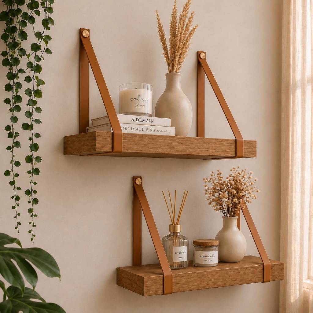 Prateleira Grossa Alça de Couro 50x15 cm MDF Freijó 30mm Decorativa